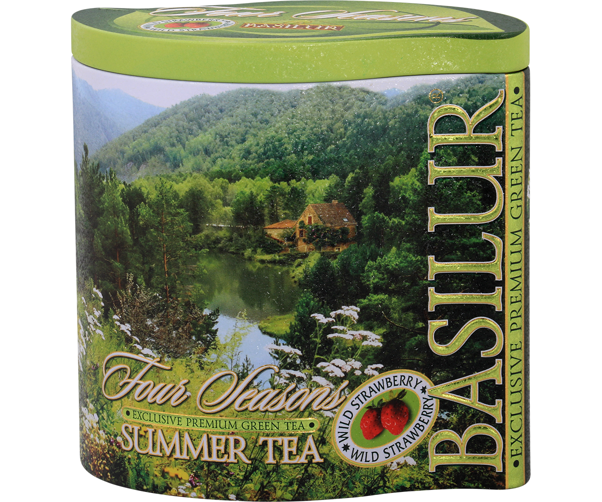 Widok z perspektywy puszki Basilur Summer Tea – eleganckie letnie opakowanie herbaty