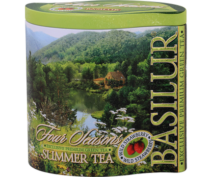 Widok z perspektywy puszki Basilur Summer Tea – eleganckie letnie opakowanie herbaty