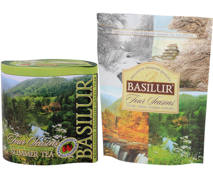 Puszka herbaty Basilur Summer Tea z kolekcji Four Seasons z letnim pejzażem i zieloną pokrywką