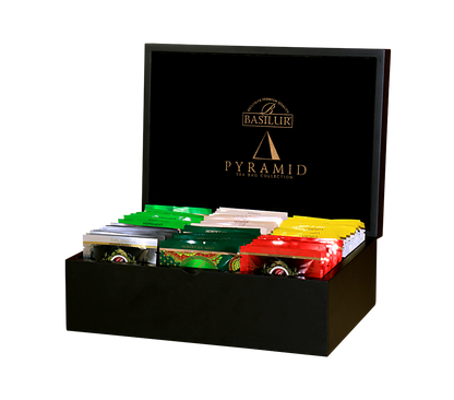 Czarny ekspozytor Basilur z 60 torebkami piramidkami herbat w kolorowych opakowaniach.