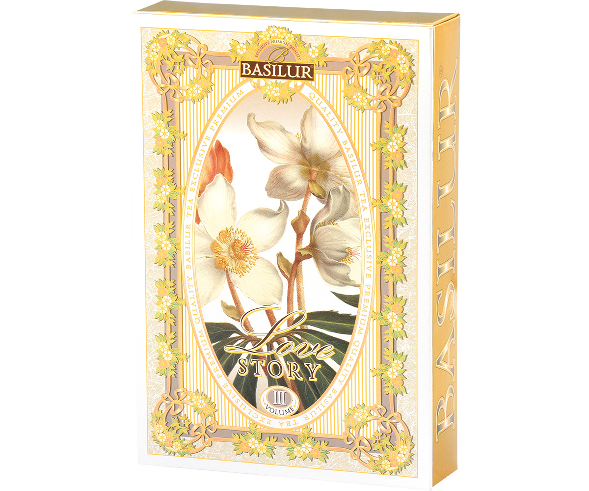Opakowanie herbaty Basilur Love Story vol. III w formie eleganckiej książki.