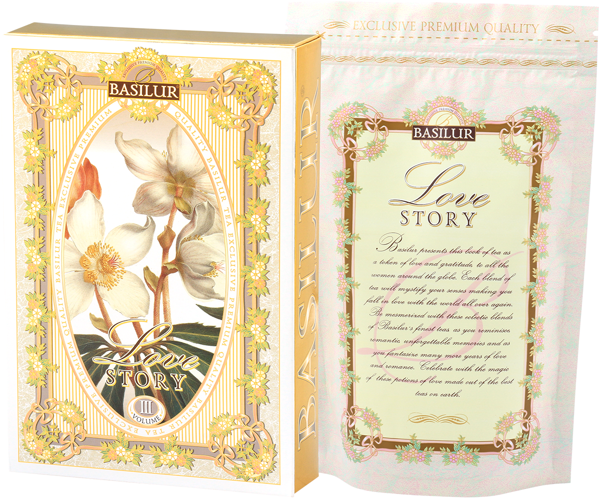 Książka Basilur Love Story vol. III z opisem herbaty i wnętrzem opakowania.