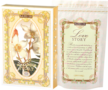 Książka Basilur Love Story vol. III z opisem herbaty i wnętrzem opakowania.