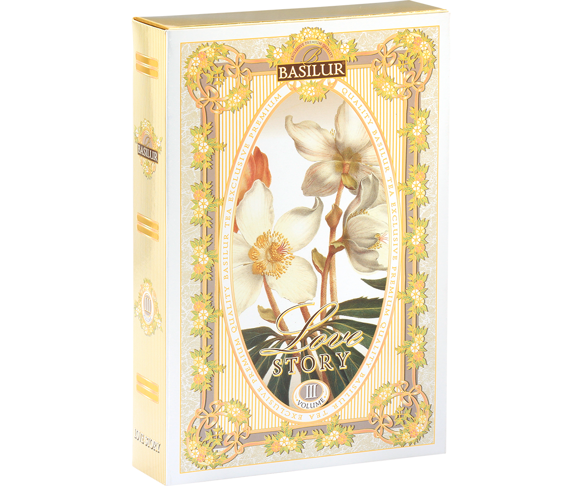 Pudełko Basilur Love Story vol. III z kwiatową grafiką i złotymi zdobieniami.