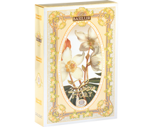 Pudełko Basilur Love Story vol. III z kwiatową grafiką i złotymi zdobieniami.