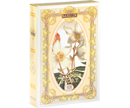 Pudełko Basilur Love Story vol. III z kwiatową grafiką i złotymi zdobieniami.