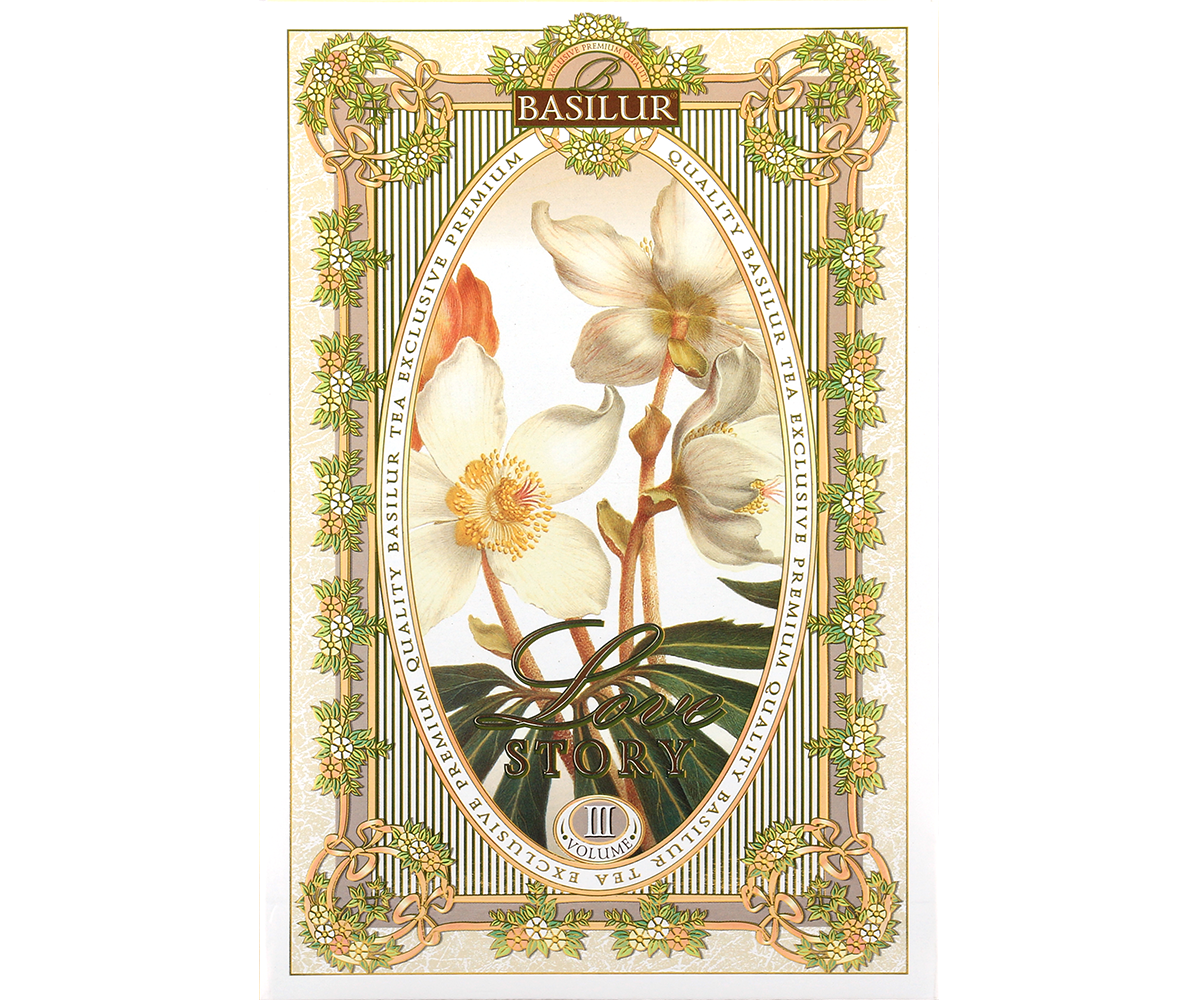 Herbata Basilur Love Story vol. III – front opakowania z ilustracją kwiatów.