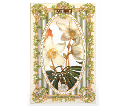 Herbata Basilur Love Story vol. III – front opakowania z ilustracją kwiatów.