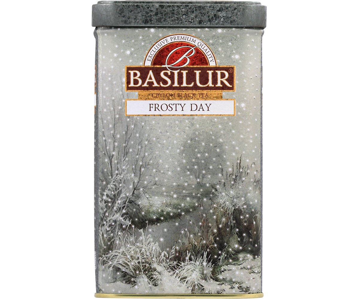 Przód metalowej puszki Basilur Frosty Day z napisem Ceylon Black Tea