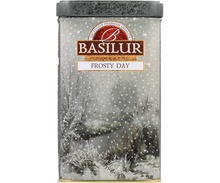 Przód metalowej puszki Basilur Frosty Day z napisem Ceylon Black Tea