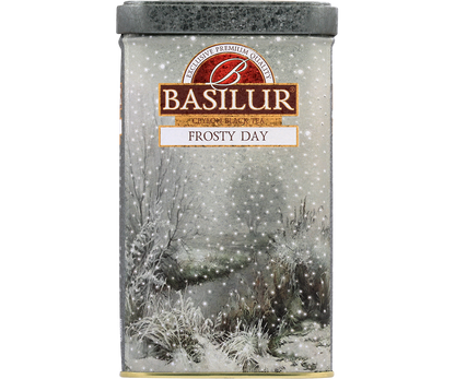 Przód metalowej puszki Basilur Frosty Day z napisem Ceylon Black Tea