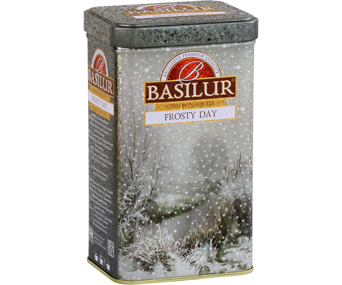 Bok puszki herbaty Basilur Frosty Day z zimowym krajobrazem
