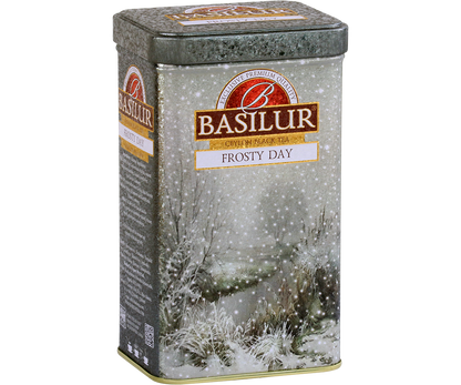 Bok puszki herbaty Basilur Frosty Day z zimowym krajobrazem