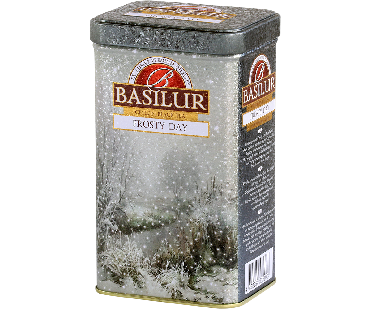 Zimowa herbata Basilur Frosty Day w ozdobnej puszce z motywem śniegu