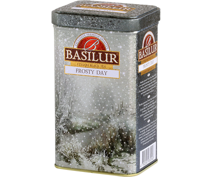 Zimowa herbata Basilur Frosty Day w ozdobnej puszce z motywem śniegu