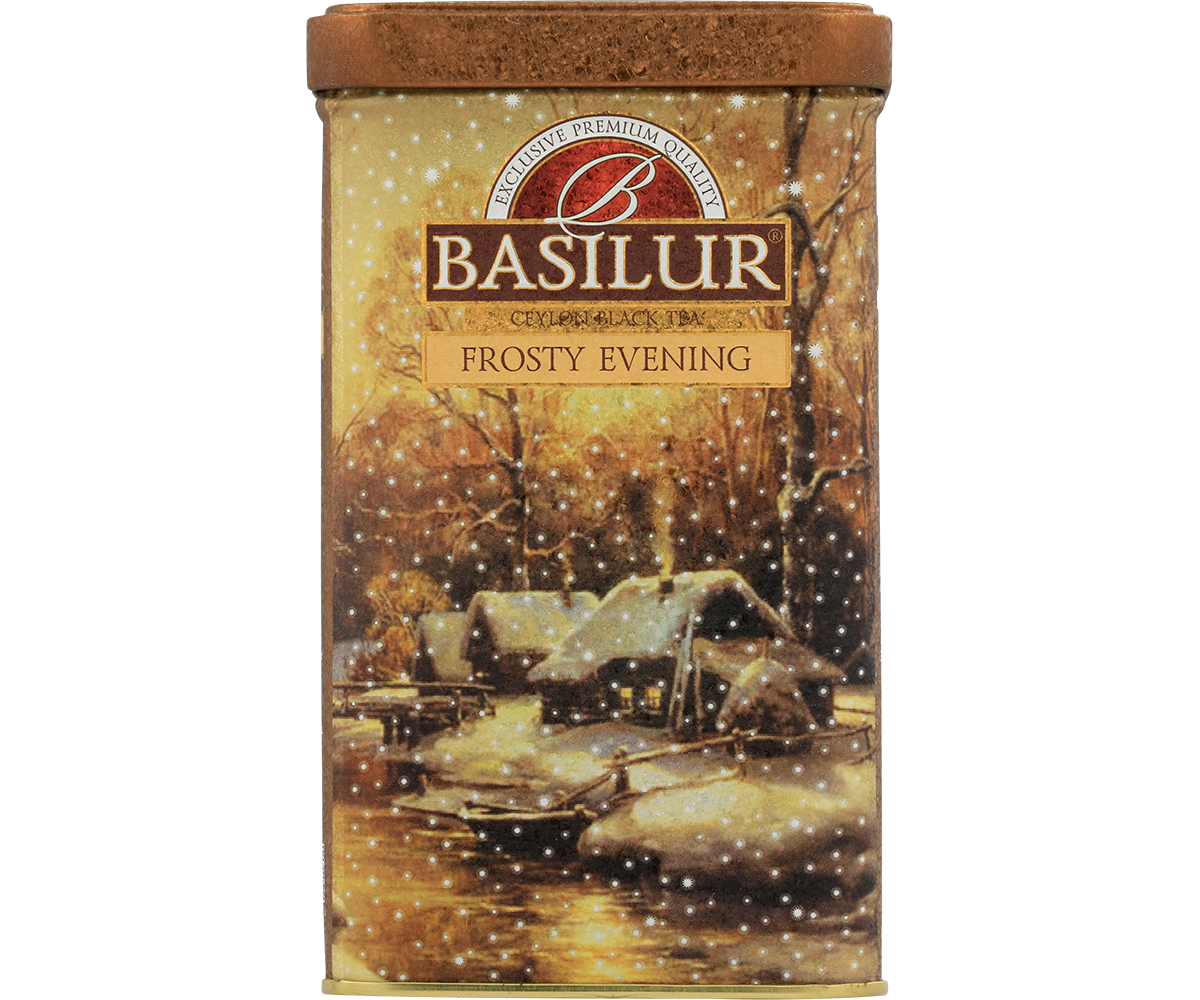 Przód puszki Basilur Frosty Evening z napisem Ceylon Black Tea