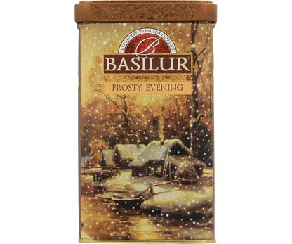 Przód puszki Basilur Frosty Evening z napisem Ceylon Black Tea