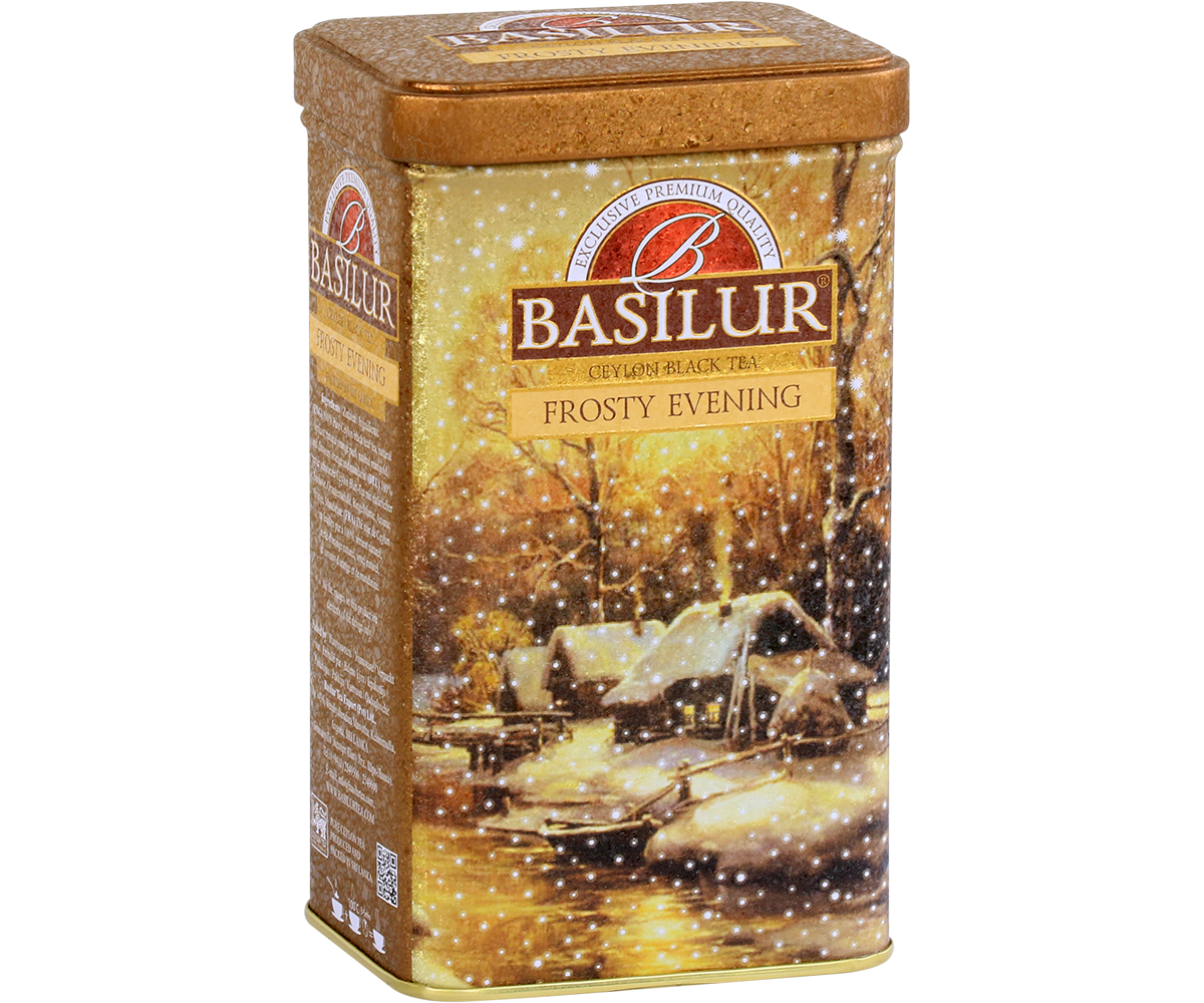 Bok puszki herbaty Basilur Frosty Evening z zimowym krajobrazem
