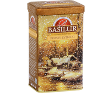 Bok puszki herbaty Basilur Frosty Evening z zimowym krajobrazem