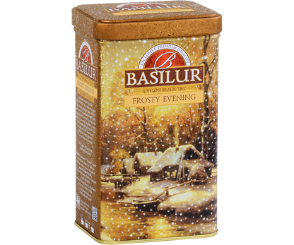 Bok puszki herbaty Basilur Frosty Evening z zimowym krajobrazem