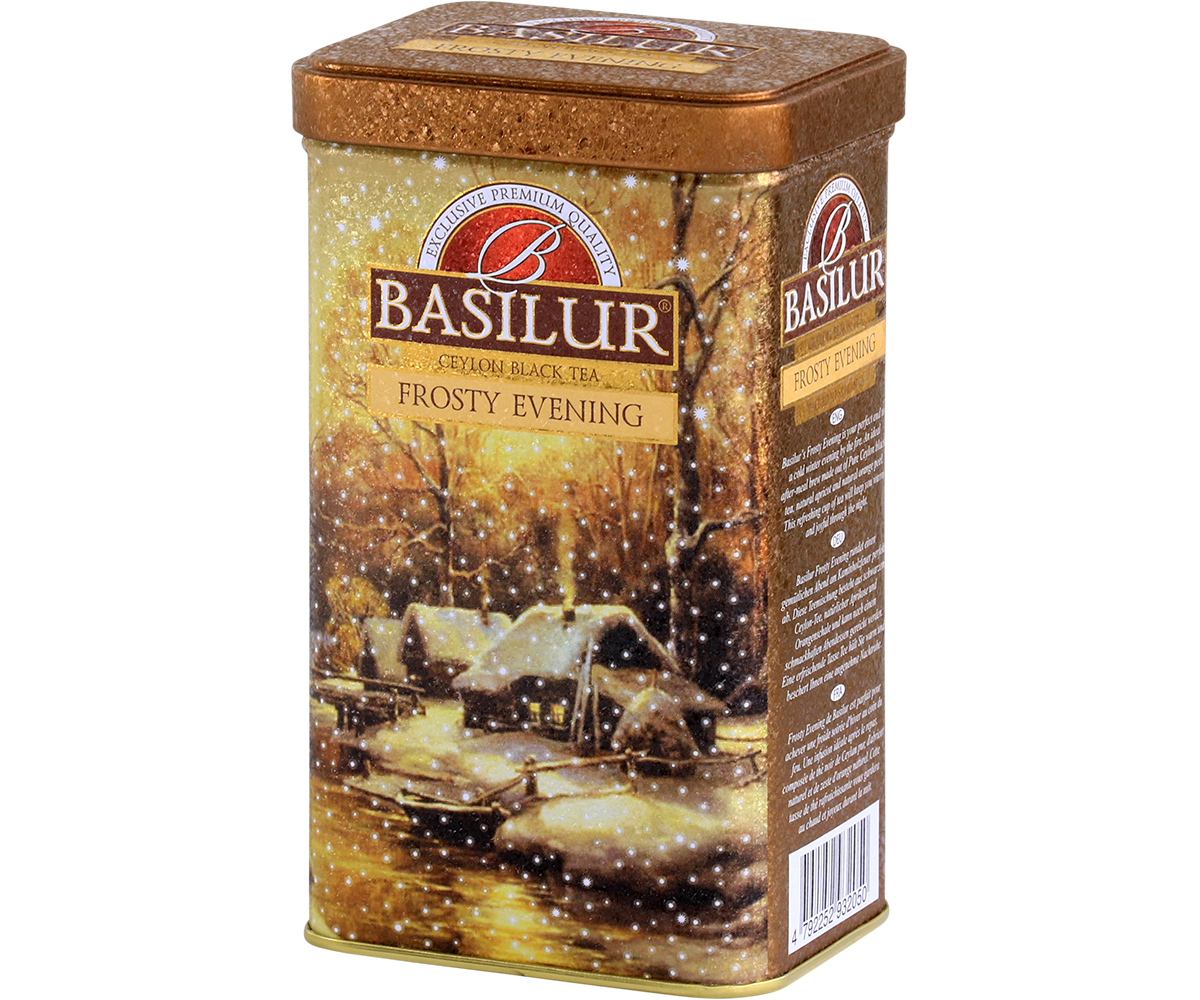 Herbata Basilur Frosty Evening w ozdobnej zimowej puszce z motywem śnieżnego wieczoru