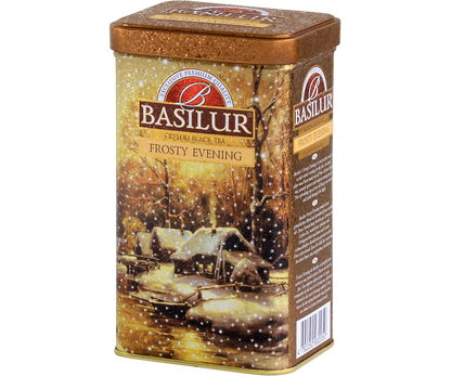 Herbata Basilur Frosty Evening w ozdobnej zimowej puszce z motywem śnieżnego wieczoru