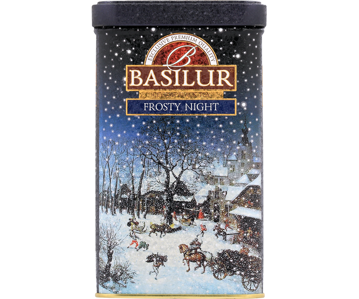 Przód puszki Basilur Frosty Night z napisem Ceylon Black Tea