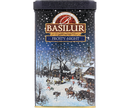Przód puszki Basilur Frosty Night z napisem Ceylon Black Tea