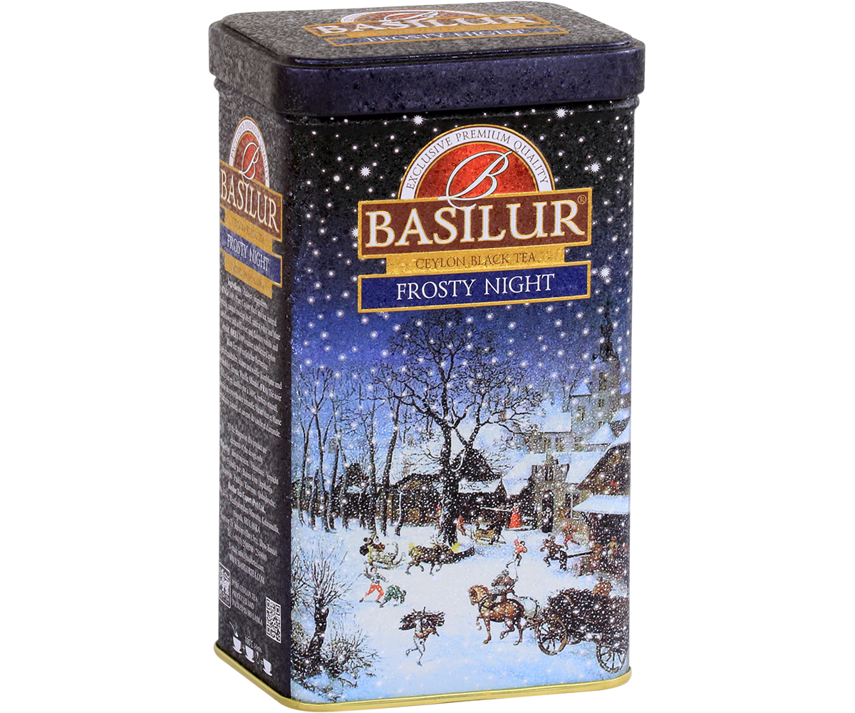 Bok puszki herbaty Basilur Frosty Night z zimowym krajobrazem