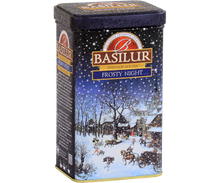 Bok puszki herbaty Basilur Frosty Night z zimowym krajobrazem