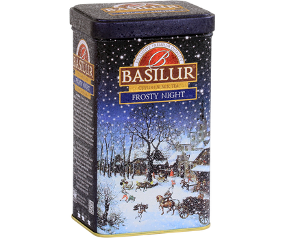 Bok puszki herbaty Basilur Frosty Night z zimowym krajobrazem