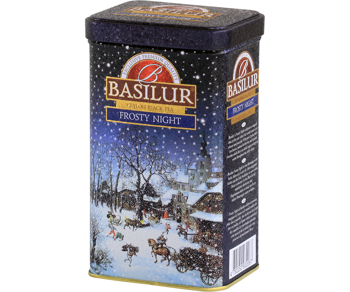 Herbata Basilur Frosty Night w ozdobnej zimowej puszce z motywem śnieżnego wieczoru