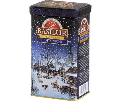 Herbata Basilur Frosty Night w ozdobnej zimowej puszce z motywem śnieżnego wieczoru