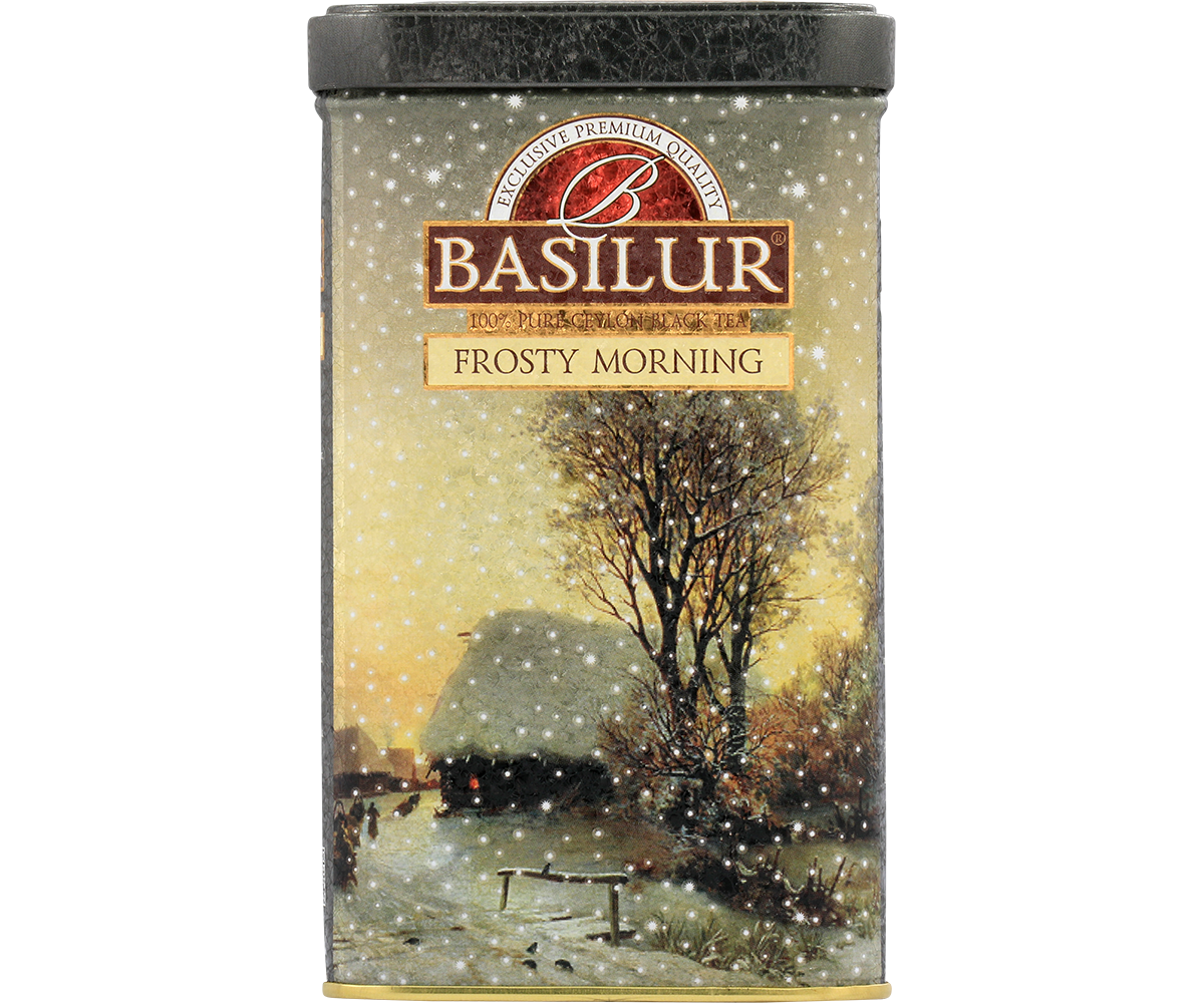 Przód puszki Basilur Frosty Morning z napisem 100% Pure Ceylon Black Tea