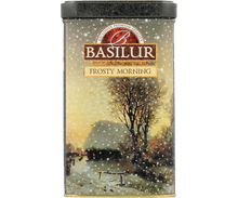 Przód puszki Basilur Frosty Morning z napisem 100% Pure Ceylon Black Tea