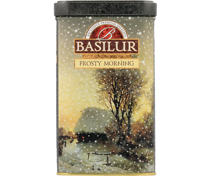 Przód puszki Basilur Frosty Morning z napisem 100% Pure Ceylon Black Tea