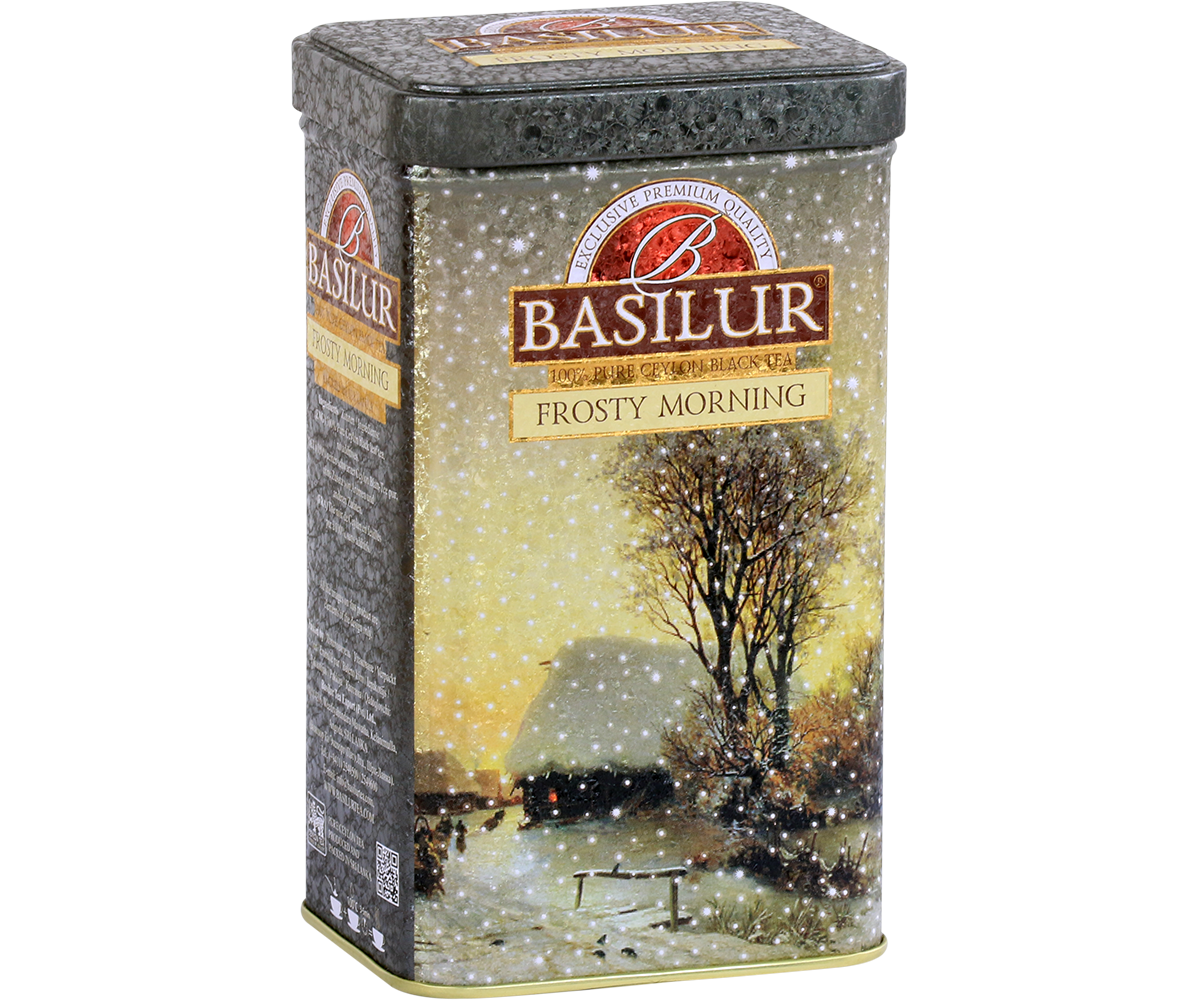 Bok puszki herbaty Basilur Frosty Morning z zimowym krajobrazem