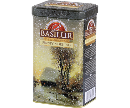 Herbata Basilur Frosty Morning w ozdobnej puszce z motywem zimowego poranka