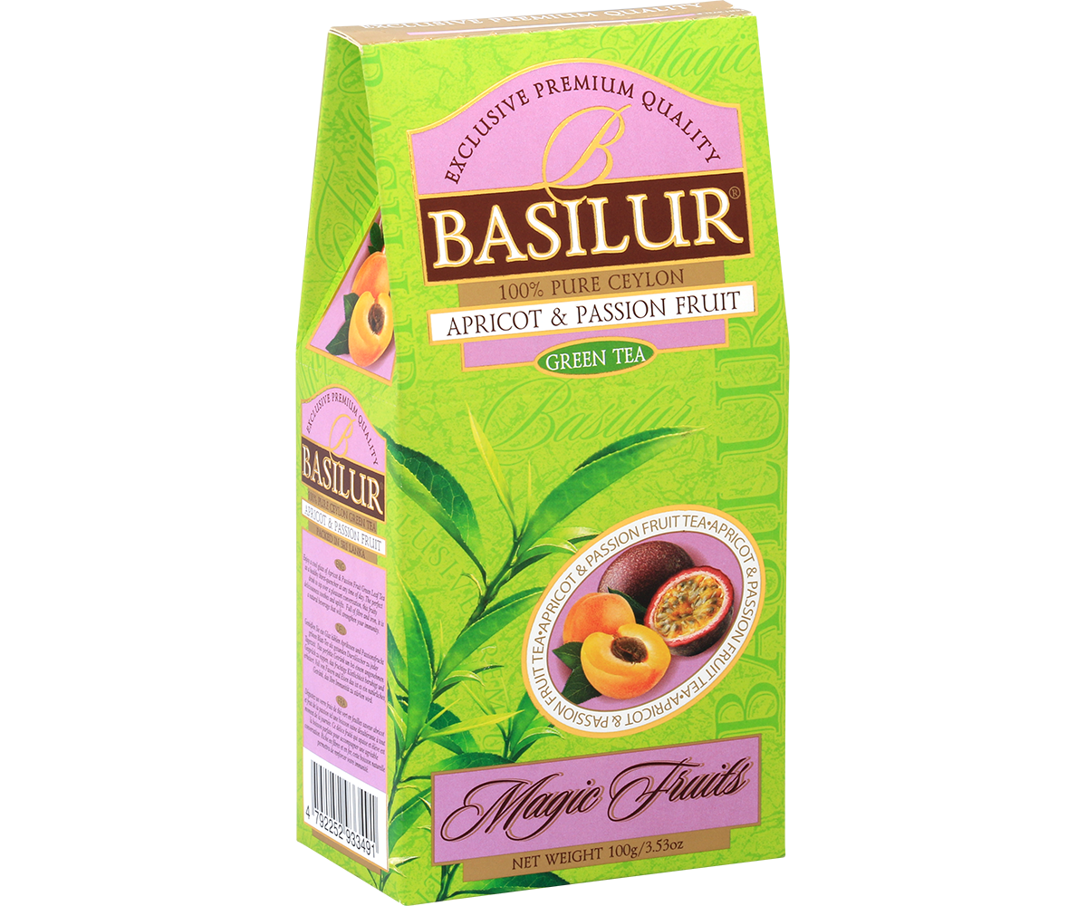 Bok opakowania Basilur Apricot & Passion Fruit z opisem herbaty