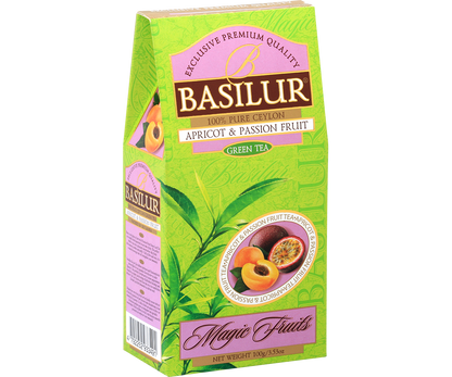 Bok opakowania Basilur Apricot & Passion Fruit z opisem herbaty