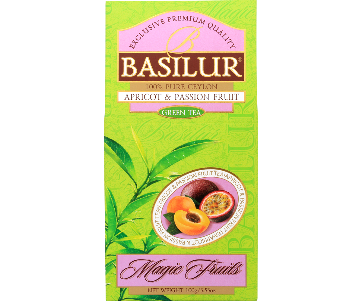 Front pudełka herbaty Basilur Apricot & Passion Fruit z ilustracją moreli i marakui