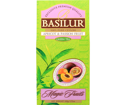 Front pudełka herbaty Basilur Apricot & Passion Fruit z ilustracją moreli i marakui