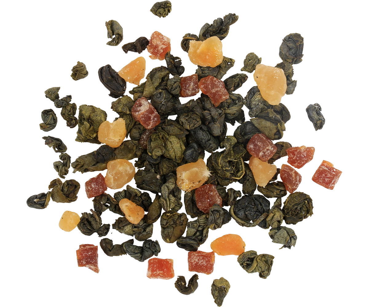 Zbliżenie na liście herbaty Basilur Apricot & Passion Fruit z kawałkami owoców