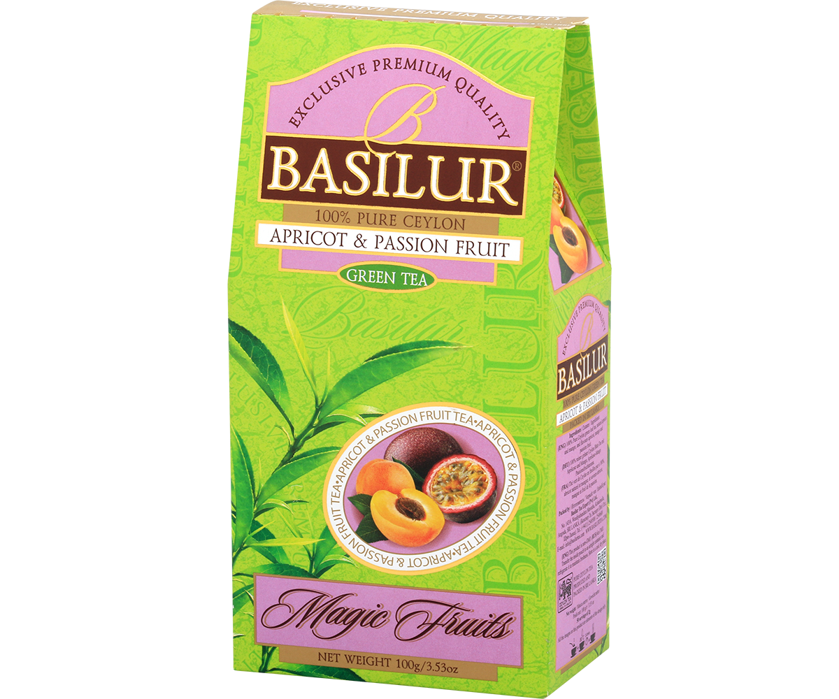 Pudełko herbaty Basilur Apricot & Passion Fruit widziane pod kątem – zielono-fioletowy design