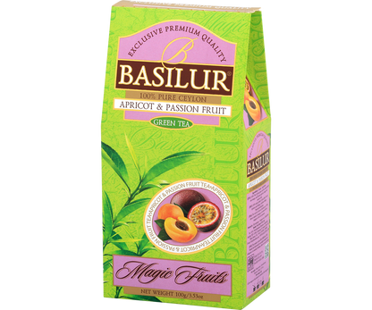 Pudełko herbaty Basilur Apricot & Passion Fruit widziane pod kątem – zielono-fioletowy design