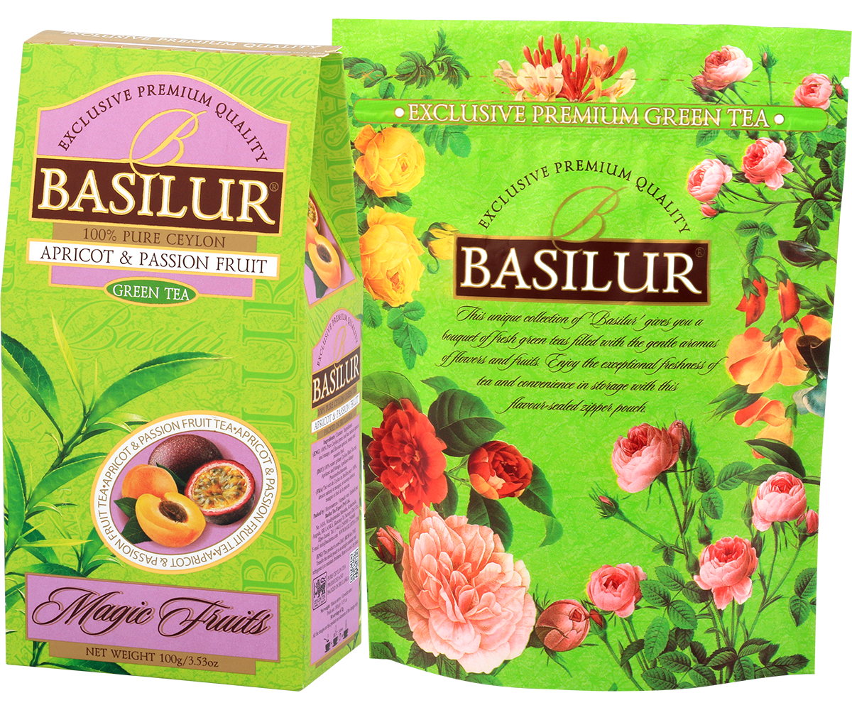 Opakowanie herbaty Basilur Apricot & Passion Fruit z kolekcji Magic Fruits w zielonej tonacji