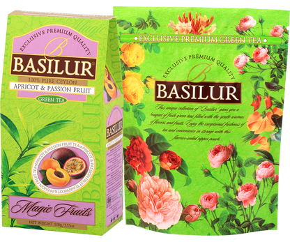 Opakowanie herbaty Basilur Apricot & Passion Fruit z kolekcji Magic Fruits w zielonej tonacji