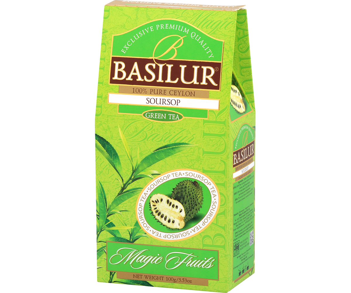 Bok pudełka herbaty Basilur Soursop z opisem składu