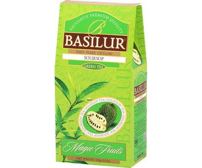 Bok pudełka herbaty Basilur Soursop z opisem składu