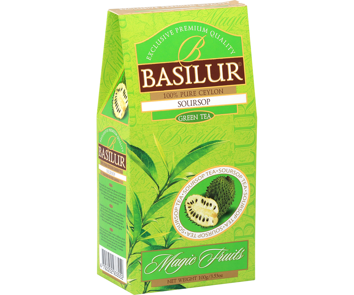 Front opakowania Basilur Soursop z ilustracją owocu flaszowca miękkociernistego